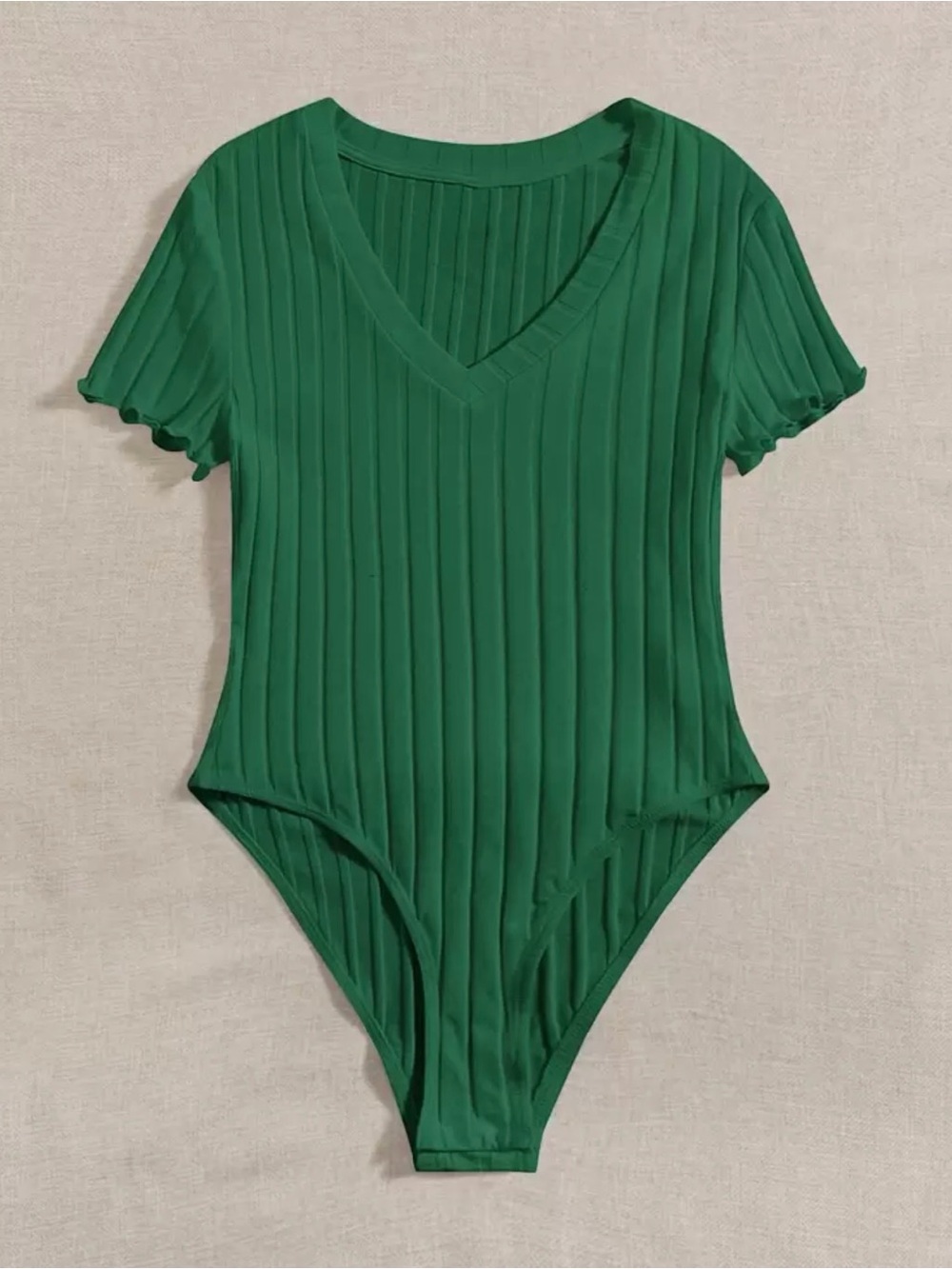 Green Ribbed V-Neck One-Piece Bodysuit